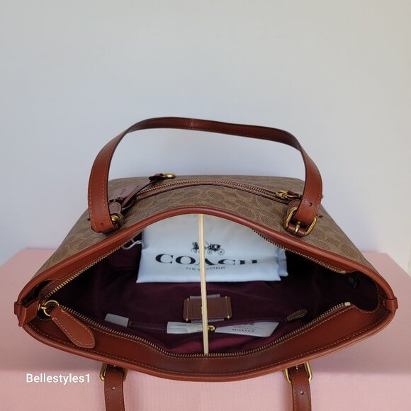 COACH Taylor Signature Logo Canvas Tote with C Dangle Charm-Tan Rust color ⭐ - Picture 12 of 16